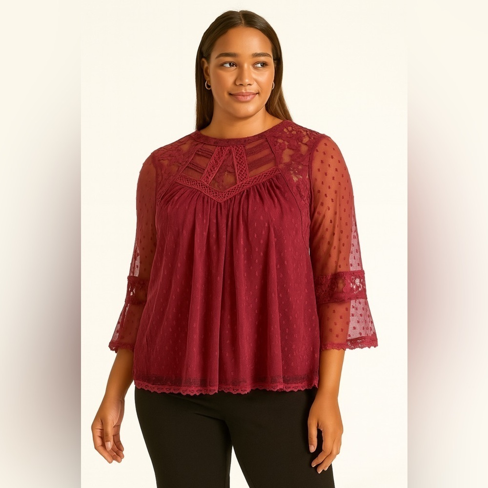 Free People Elegant Lace Burgundy Top. Size-Small